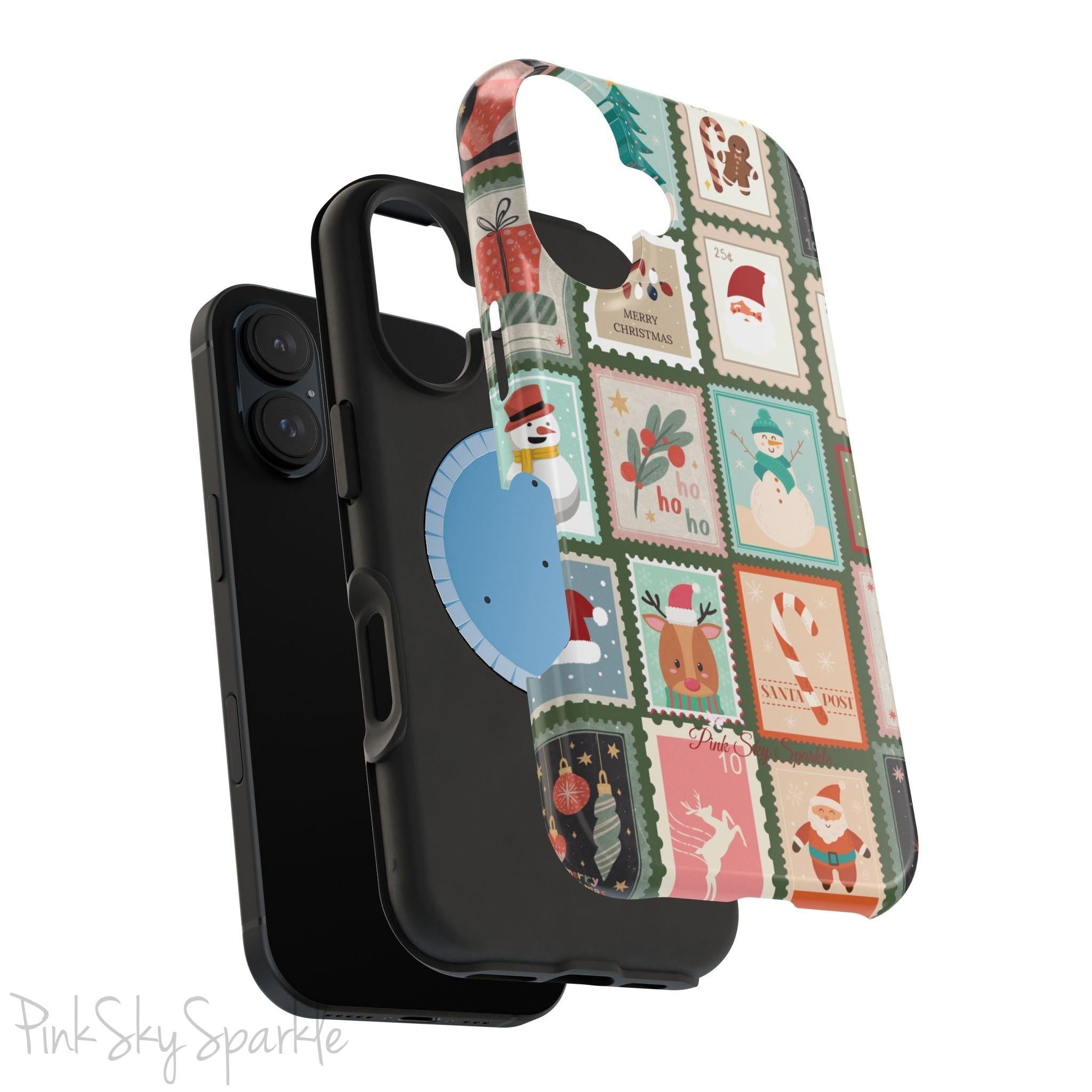 Santa's Stamp Collection Magnetic iPhone Case featuring festive holiday stamps with Christmas trees, snowflakes, candy canes, and Santa Claus, compatible with iPhone models 13, 14, 15, and 16.