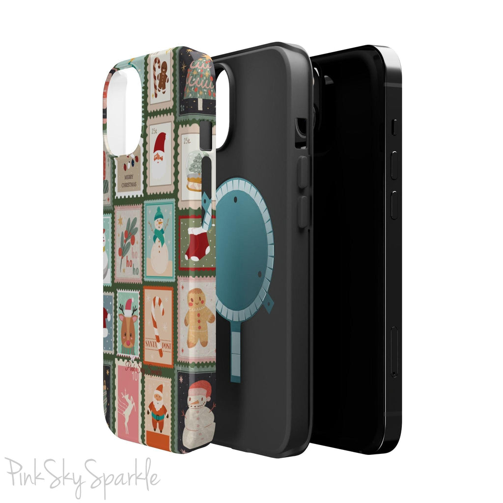 Santa's Stamp Collection Magnetic iPhone Case featuring festive holiday stamps with Christmas trees, snowflakes, candy canes, and Santa Claus, compatible with iPhone models 13, 14, 15, and 16.