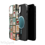 Santa's Stamp Collection Magnetic iPhone Case featuring festive holiday stamps with Christmas trees, snowflakes, candy canes, and Santa Claus, compatible with iPhone models 13, 14, 15, and 16.