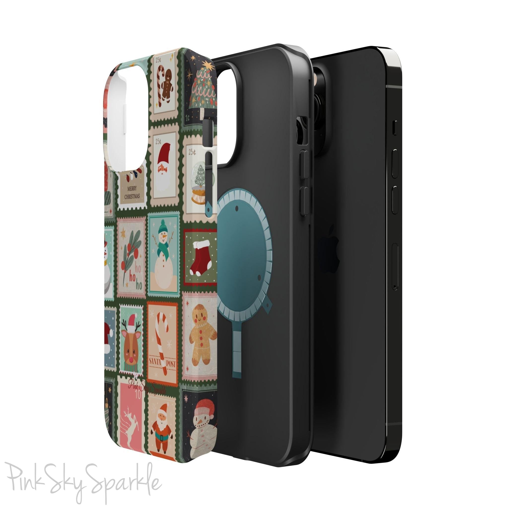 Santa's Stamp Collection Magnetic iPhone Case featuring festive holiday stamps with Christmas trees, snowflakes, candy canes, and Santa Claus, compatible with iPhone models 13, 14, 15, and 16.