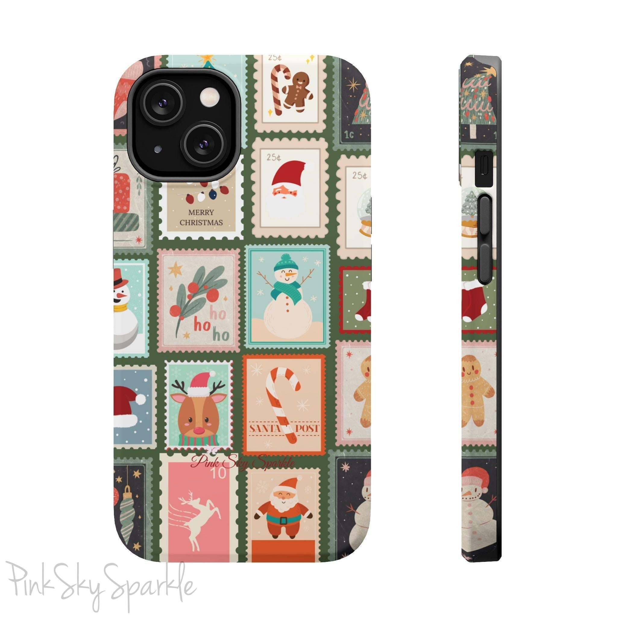 Santa's Stamp Collection Magnetic iPhone Case featuring festive holiday stamps with Christmas trees, snowflakes, candy canes, and Santa Claus, compatible with iPhone models 13, 14, 15, and 16.