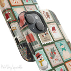 Santa's Stamp Collection Magnetic iPhone Case featuring festive holiday stamps with Christmas trees, snowflakes, candy canes, and Santa Claus, compatible with iPhone models 13, 14, 15, and 16.