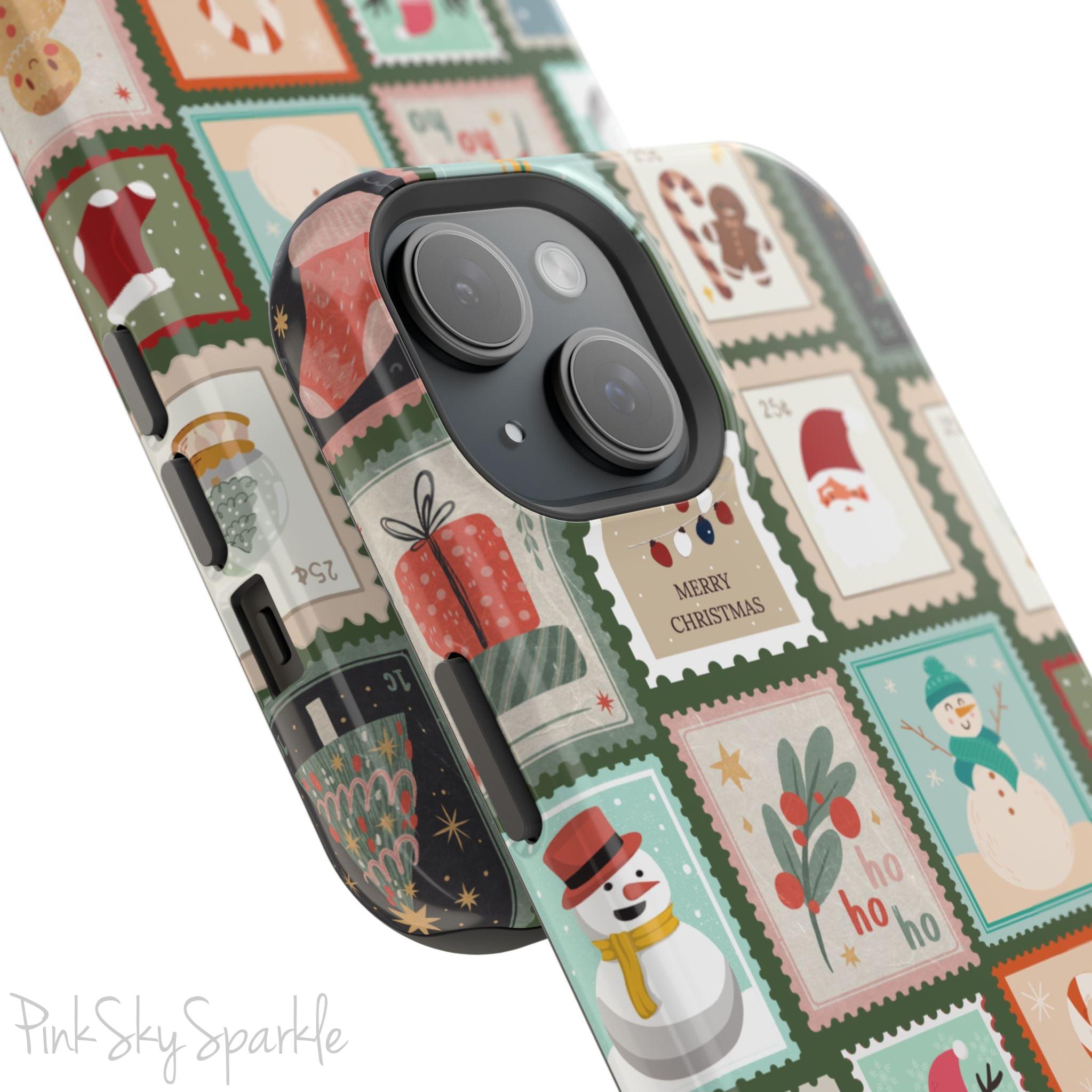 Santa's Stamp Collection Magnetic iPhone Case featuring festive holiday stamps with Christmas trees, snowflakes, candy canes, and Santa Claus, compatible with iPhone models 13, 14, 15, and 16.