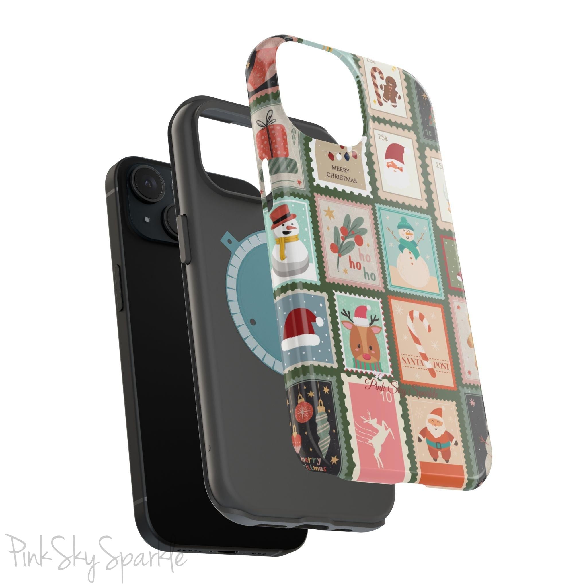Santa's Stamp Collection Magnetic iPhone Case featuring festive holiday stamps with Christmas trees, snowflakes, candy canes, and Santa Claus, compatible with iPhone models 13, 14, 15, and 16.