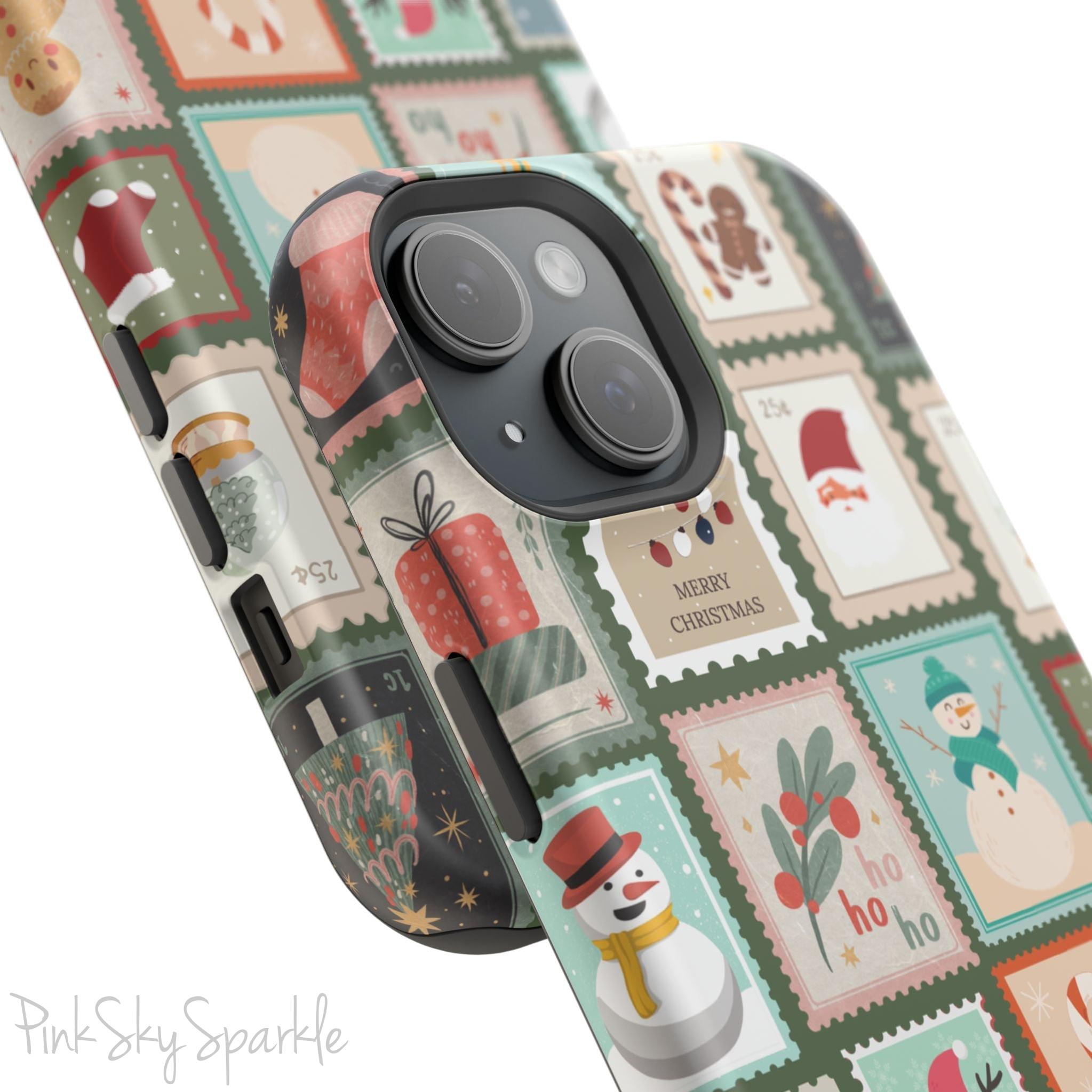 Santa's Stamp Collection Magnetic iPhone Case featuring festive holiday stamps with Christmas trees, snowflakes, candy canes, and Santa Claus, compatible with iPhone models 13, 14, 15, and 16.