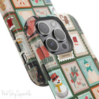 Santa's Stamp Collection Magnetic iPhone Case featuring festive holiday stamps with Christmas trees, snowflakes, candy canes, and Santa Claus, compatible with iPhone models 13, 14, 15, and 16.