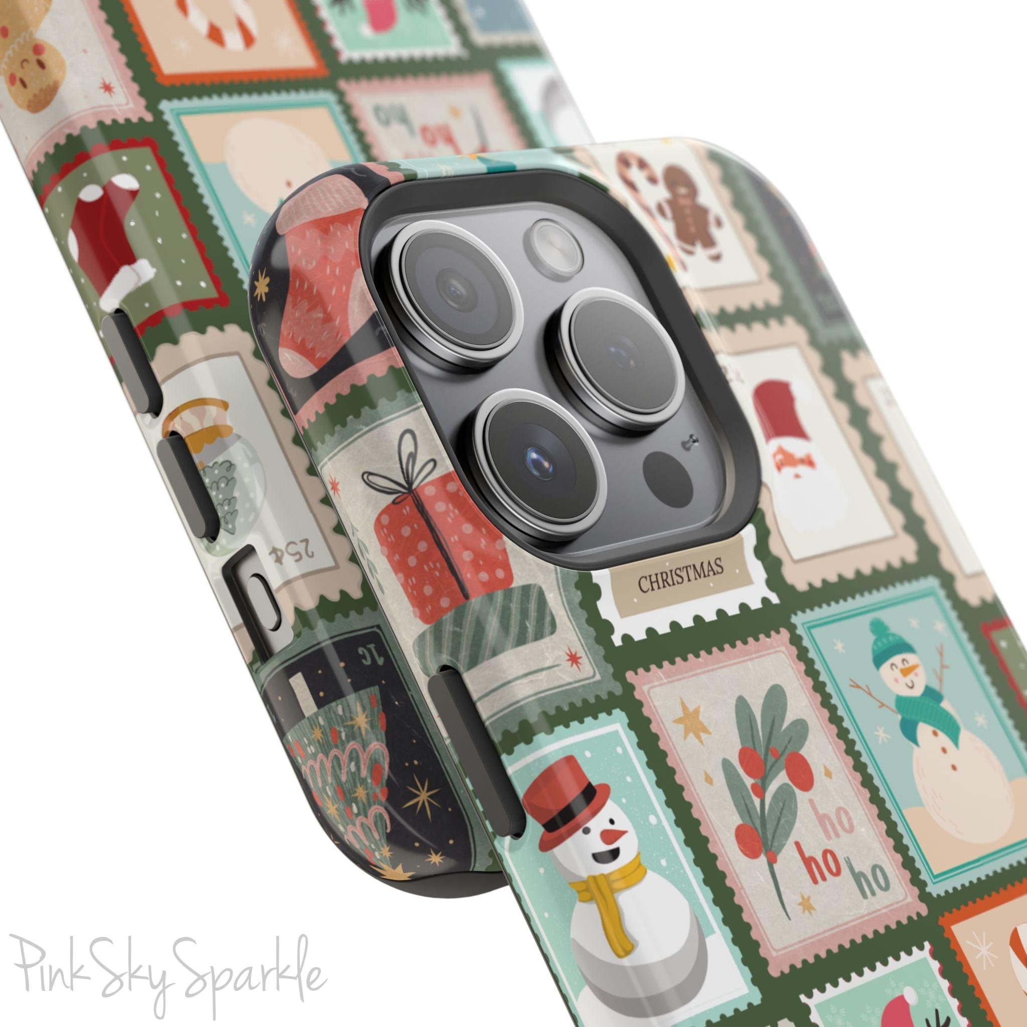 Santa's Stamp Collection Magnetic iPhone Case featuring festive holiday stamps with Christmas trees, snowflakes, candy canes, and Santa Claus, compatible with iPhone models 13, 14, 15, and 16.