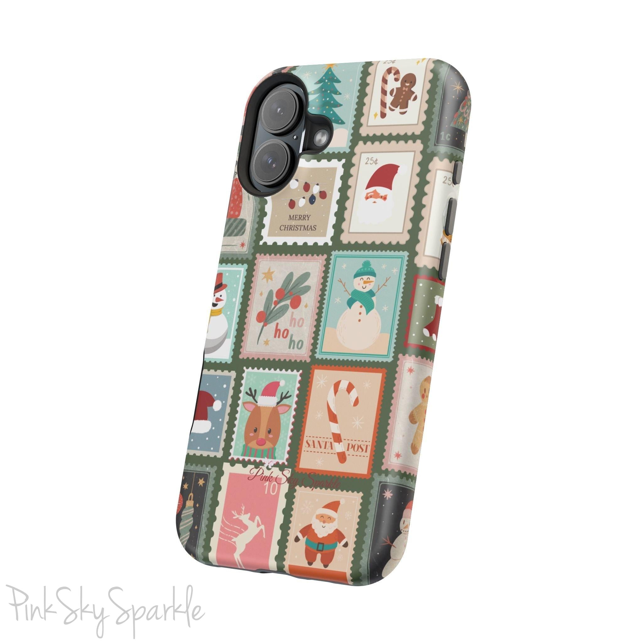 Santa's Stamp Collection Magnetic iPhone Case featuring festive holiday stamps with Christmas trees, snowflakes, candy canes, and Santa Claus, compatible with iPhone models 13, 14, 15, and 16.