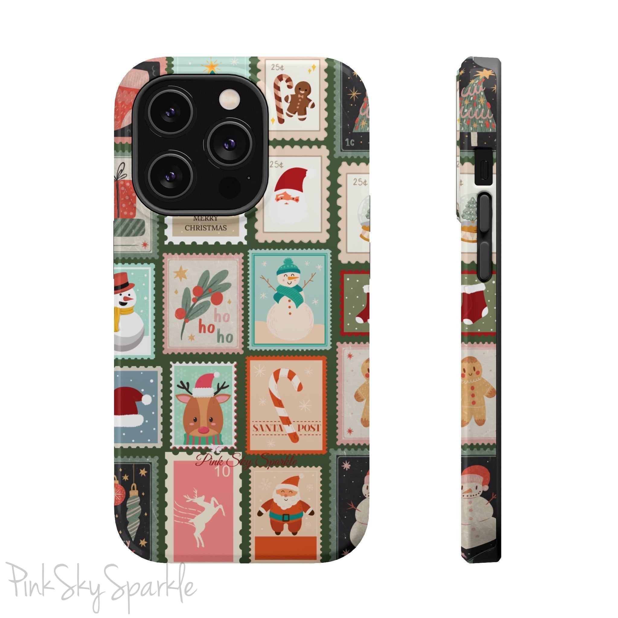 Santa's Stamp Collection Magnetic iPhone Case featuring festive holiday stamps with Christmas trees, snowflakes, candy canes, and Santa Claus, compatible with iPhone models 13, 14, 15, and 16.