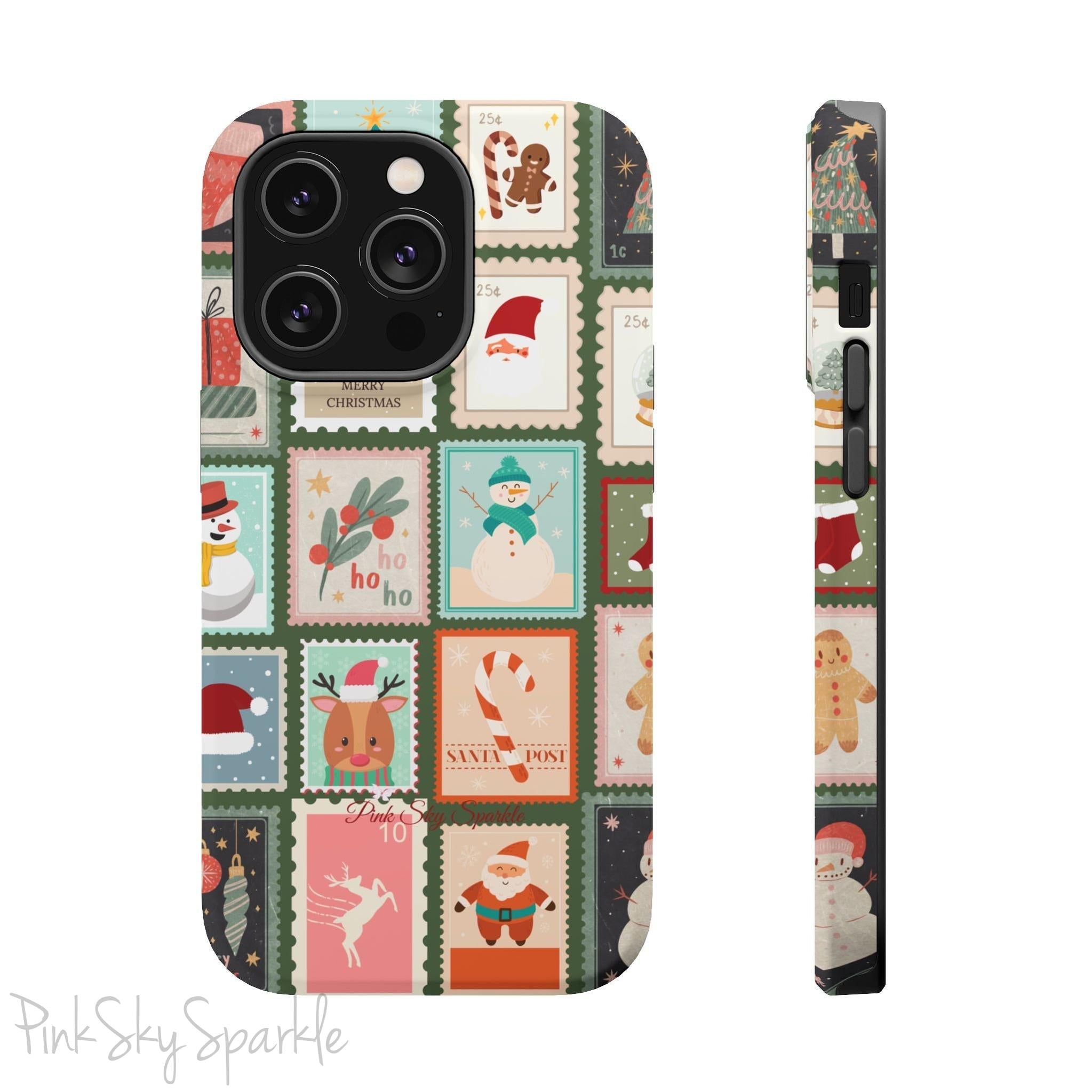 Santa's Stamp Collection Magnetic iPhone Case featuring festive holiday stamps with Christmas trees, snowflakes, candy canes, and Santa Claus, compatible with iPhone models 13, 14, 15, and 16.