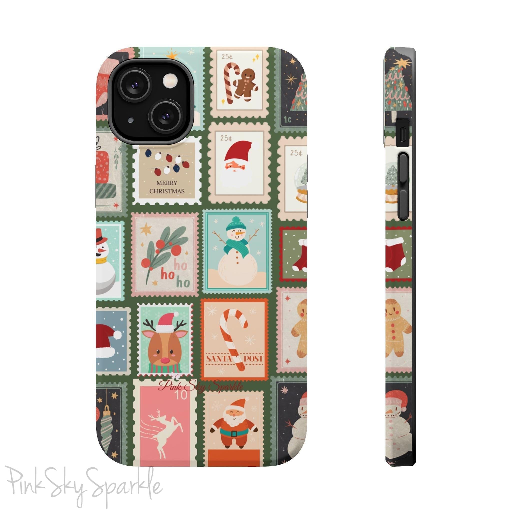 Santa's Stamp Collection Magnetic iPhone Case featuring festive holiday stamps with Christmas trees, snowflakes, candy canes, and Santa Claus, compatible with iPhone models 13, 14, 15, and 16.