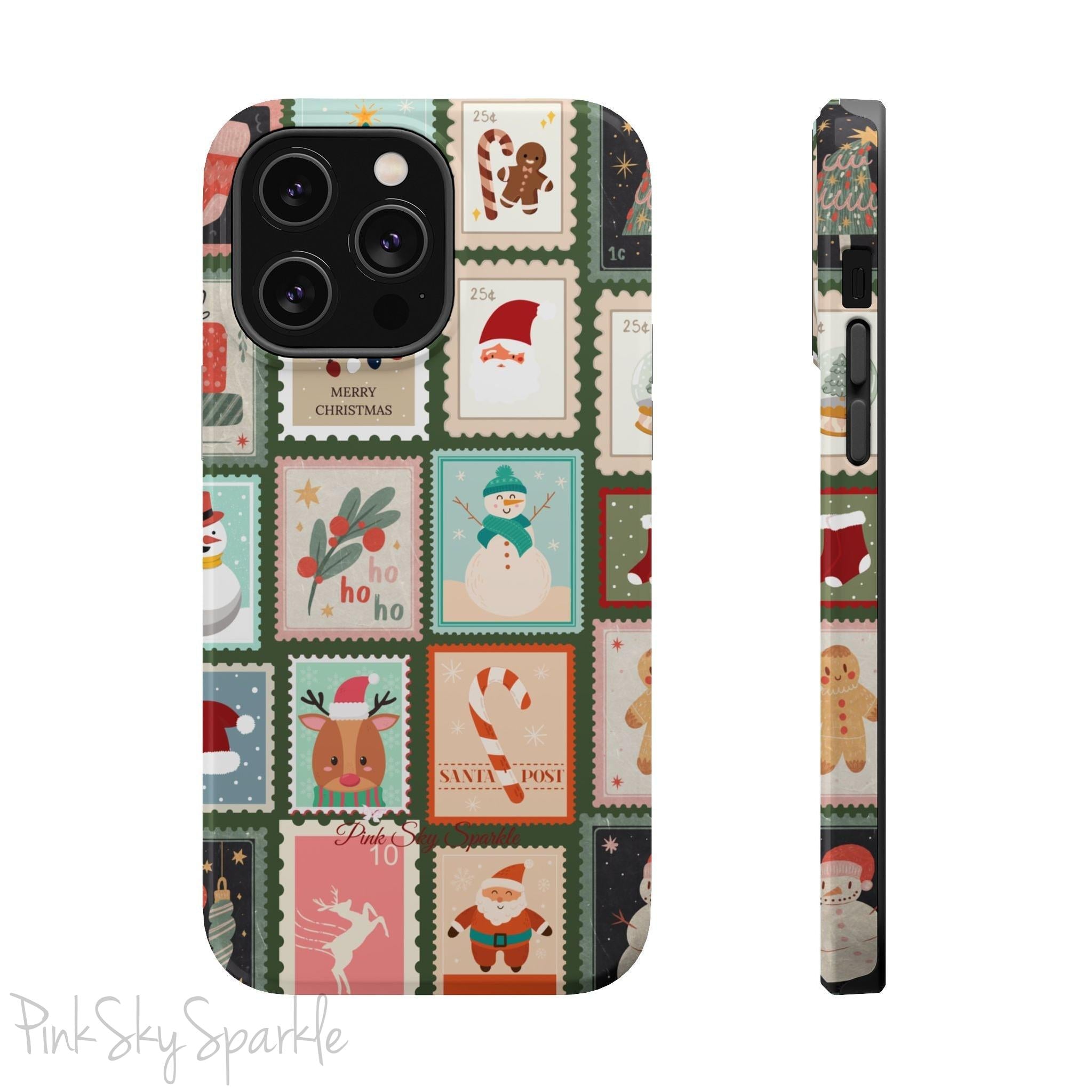 Santa's Stamp Collection Magnetic iPhone Case featuring festive holiday stamps with Christmas trees, snowflakes, candy canes, and Santa Claus, compatible with iPhone models 13, 14, 15, and 16.