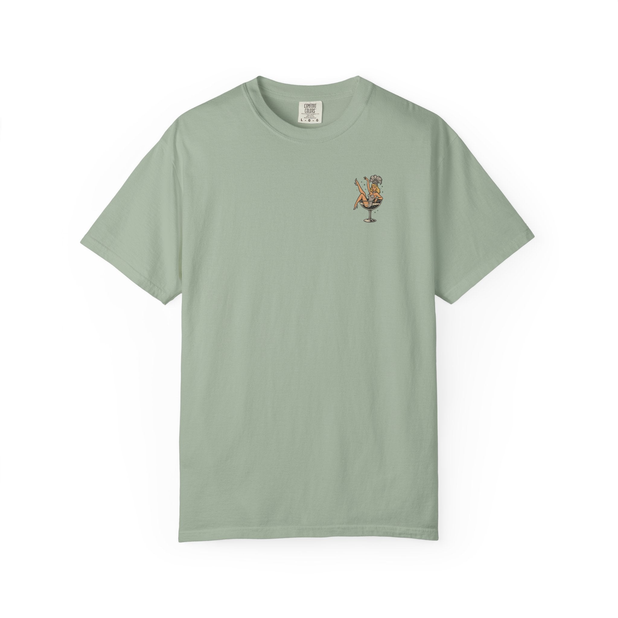 Light green t-shirt with a small showgirl graphic on a white background