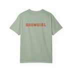 Light green t-shirt with 'SHOWGIRL' printed in red on the back against a white background