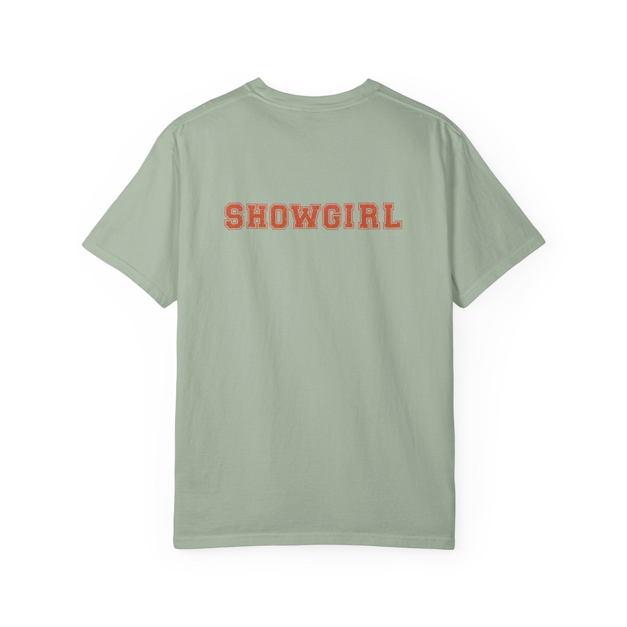 Light green t-shirt with 'SHOWGIRL' printed in red on the back against a white background