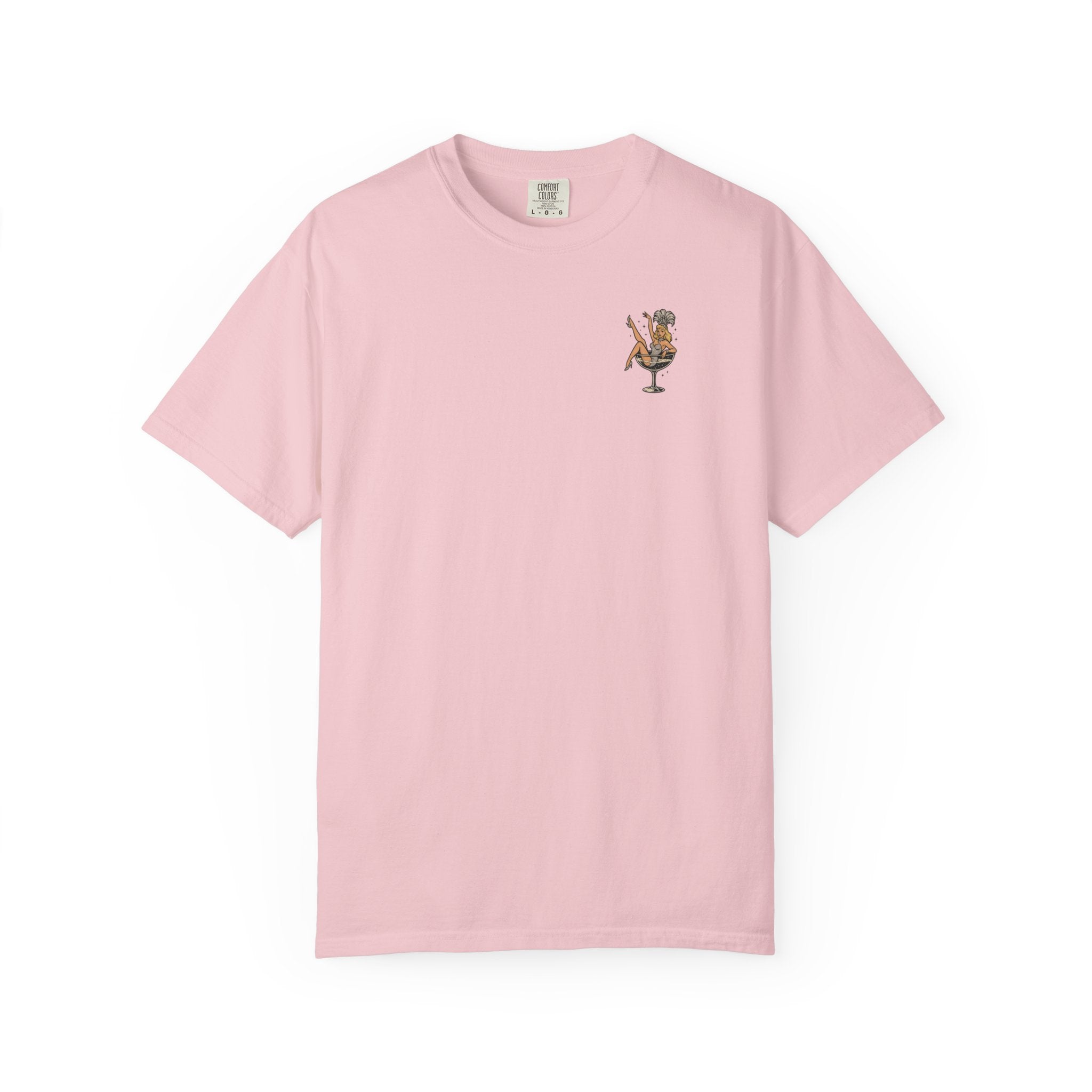 Pink t-shirt with a small showgirl graphic on a white background