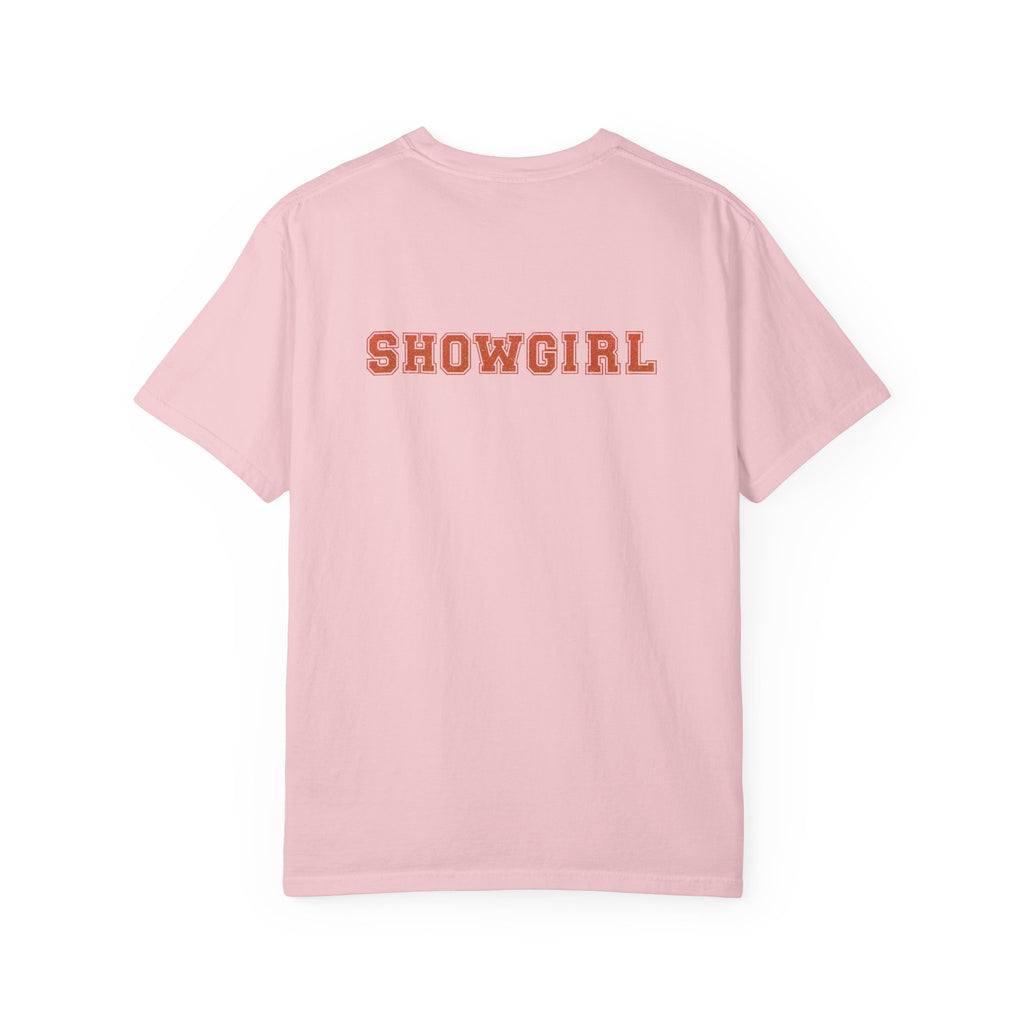 Pink t-shirt with 'SHOWGIRL' text on the back against a white background