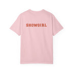Pink t-shirt with 'SHOWGIRL' text on the back against a white background