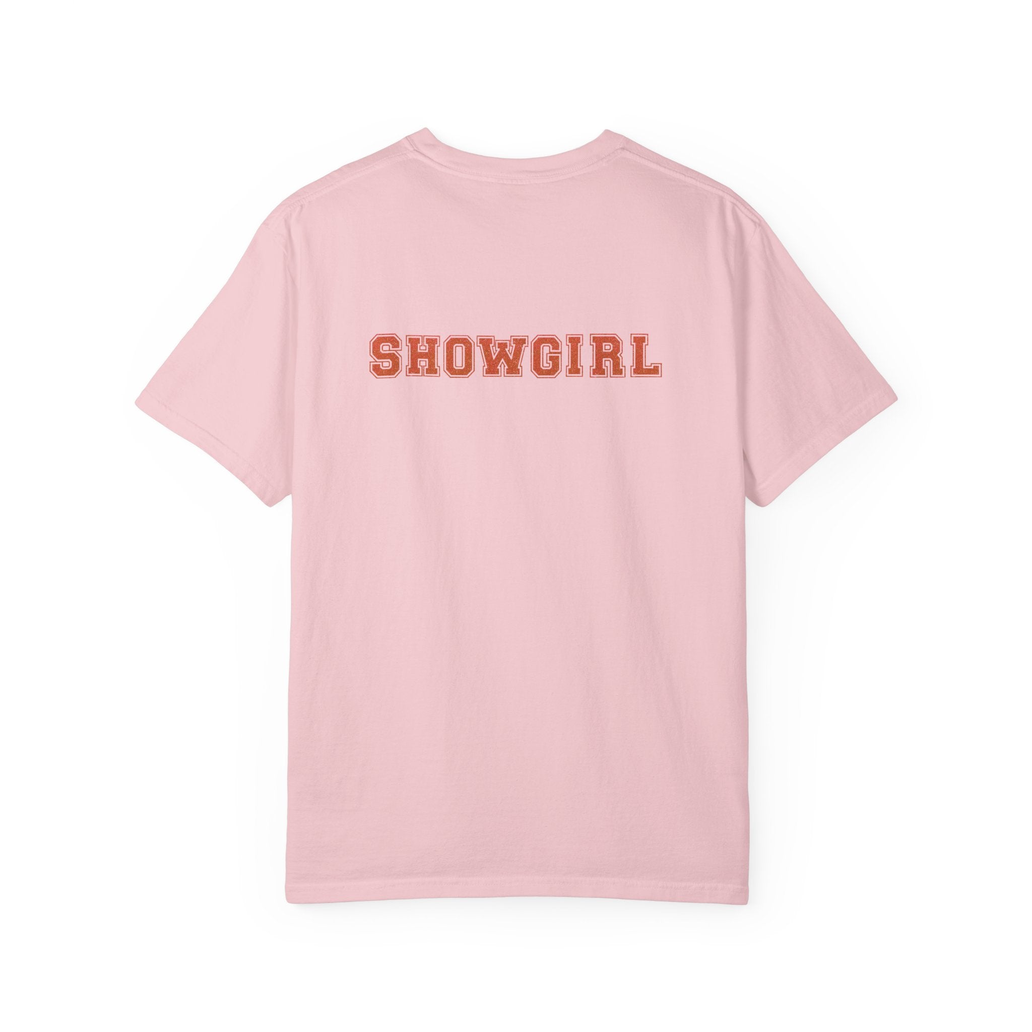 Pink t-shirt with 'SHOWGIRL' text on the back against a white background