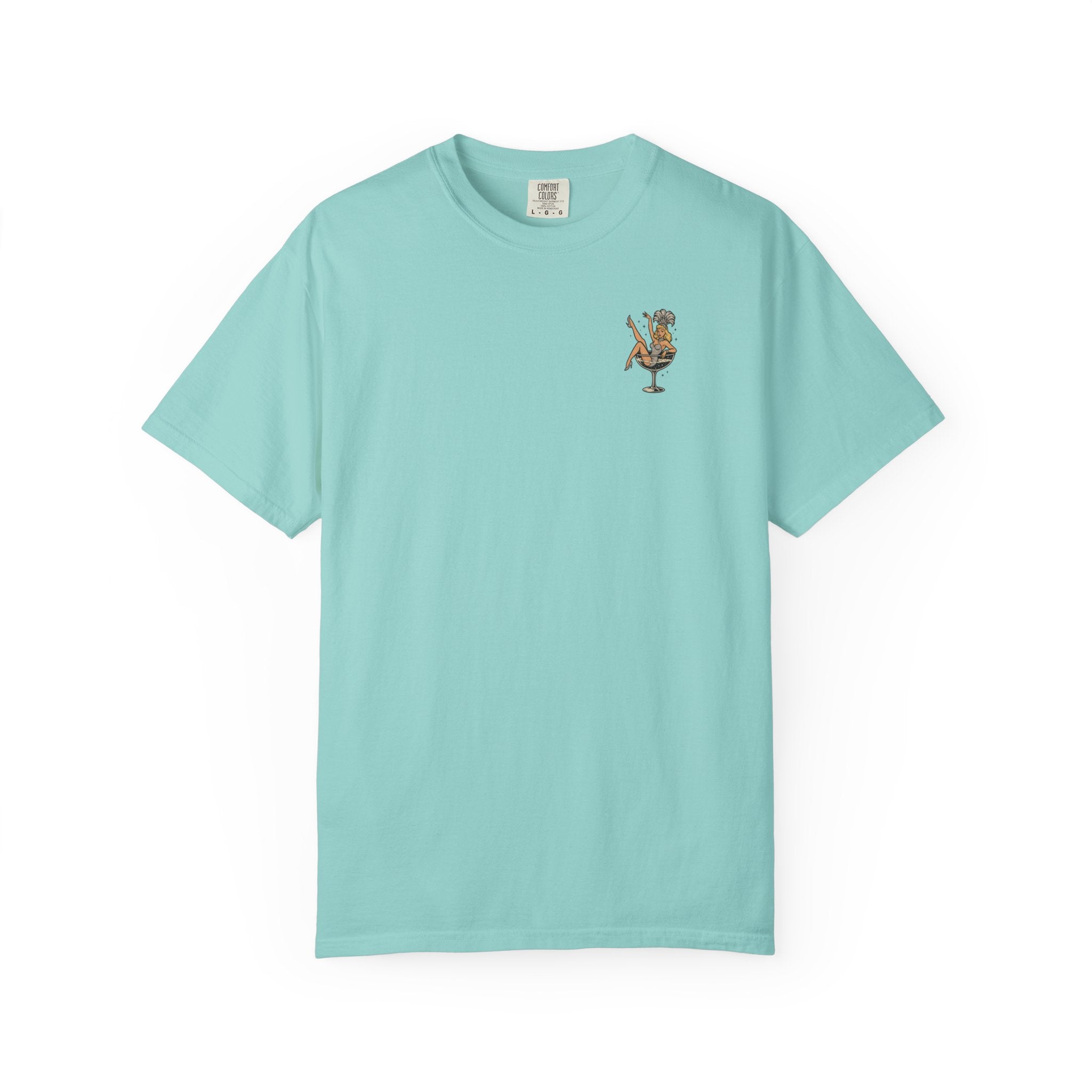 Chalky Mint colored t-shirt with a small showgirl graphic on a white background