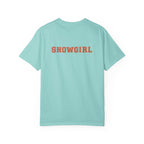 Chalky mint colored t-shirt with 'SHOWGIRL' printed on the back against a white background