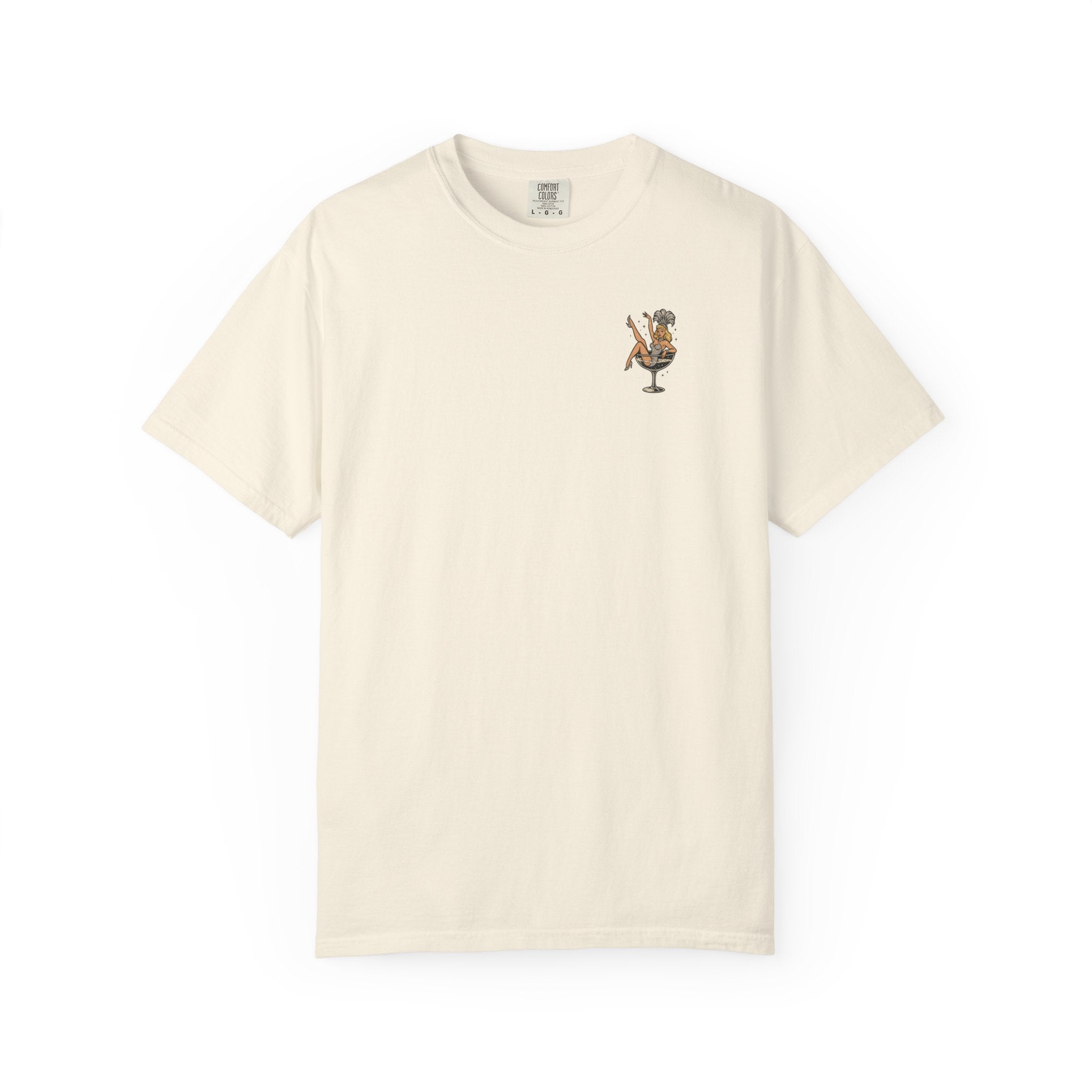 
Ivory t-shirt with a small showgirl graphic on a white background