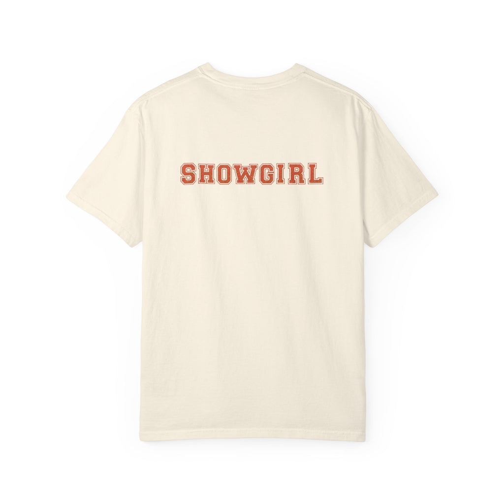 Ivory t-shirt with 'SHOWGIRL' printed on the back against a white background