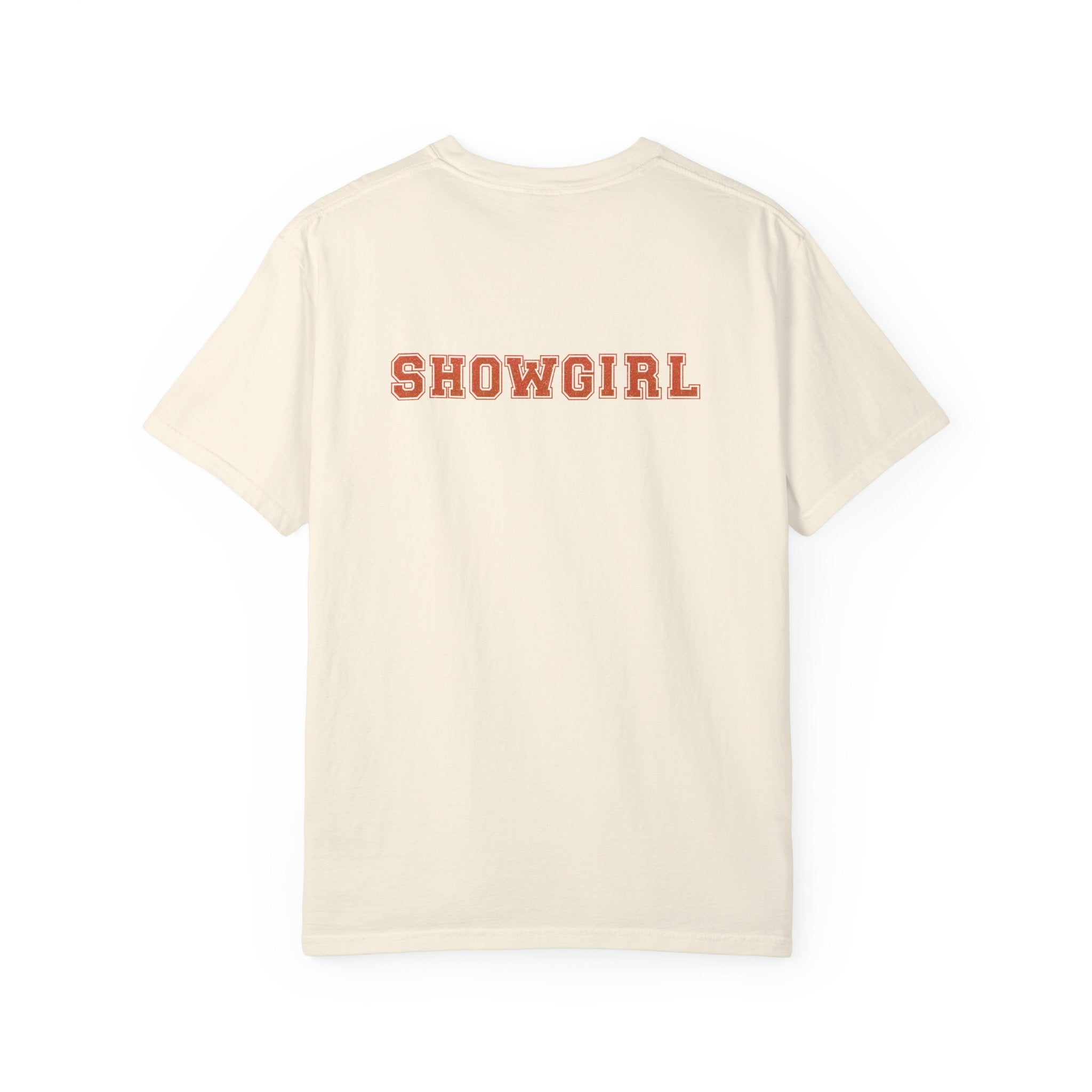 Ivory t-shirt with 'SHOWGIRL' printed on the back against a white background