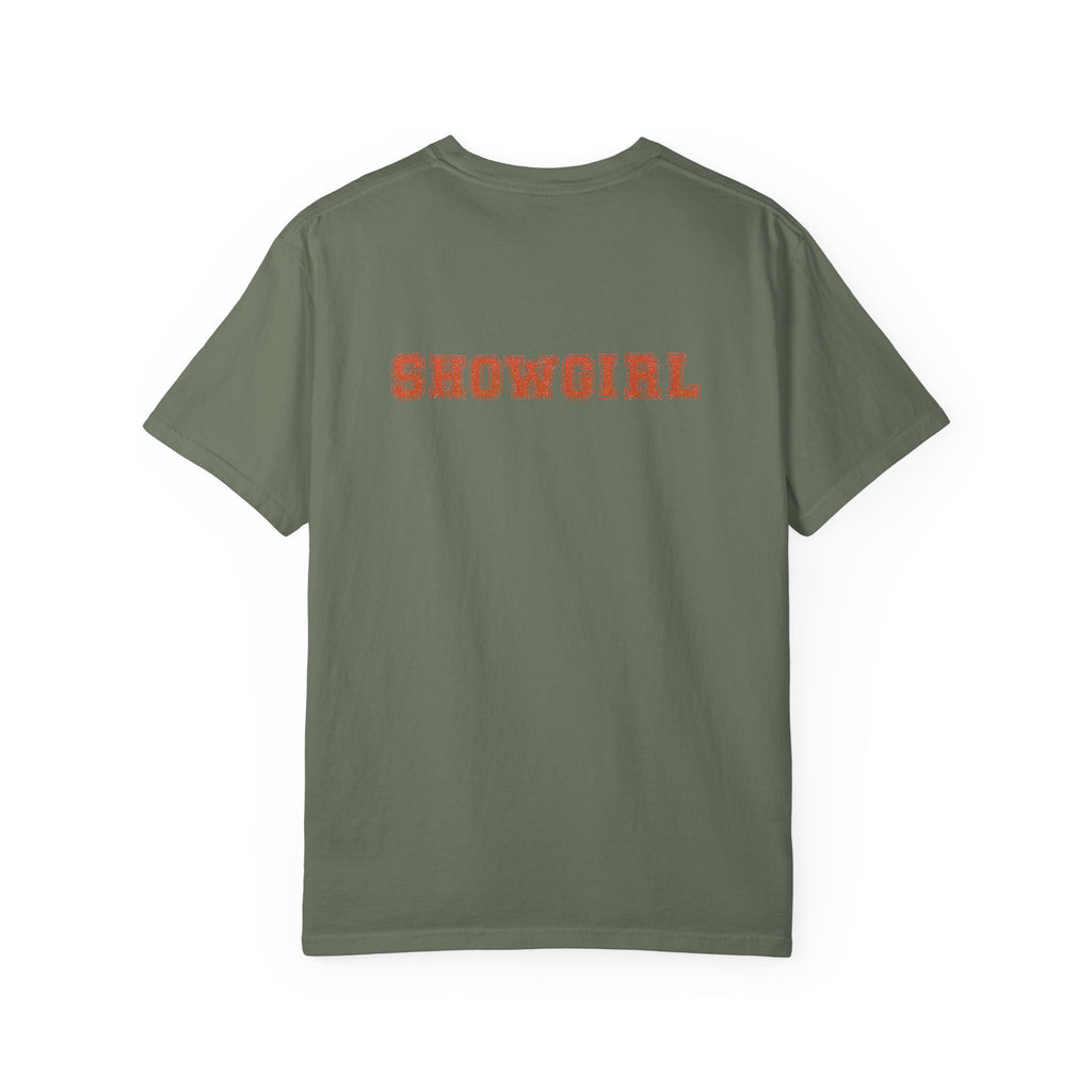 Green t-shirt with 'SHOWGIRL' printed on the back against a white background