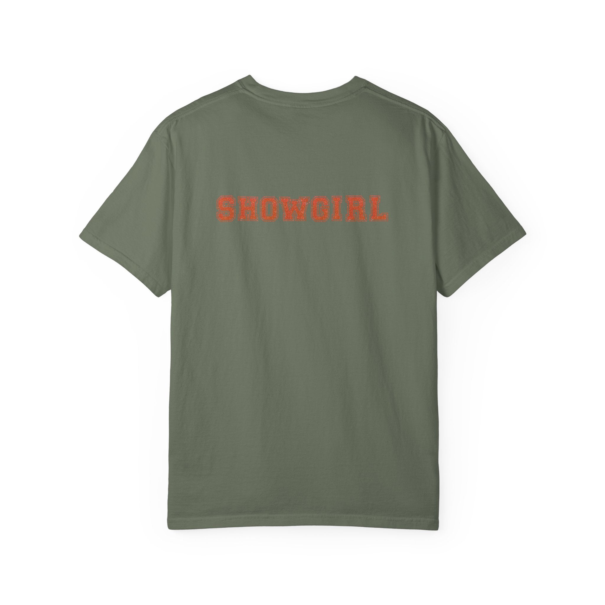 Green t-shirt with 'SHOWGIRL' printed on the back against a white background