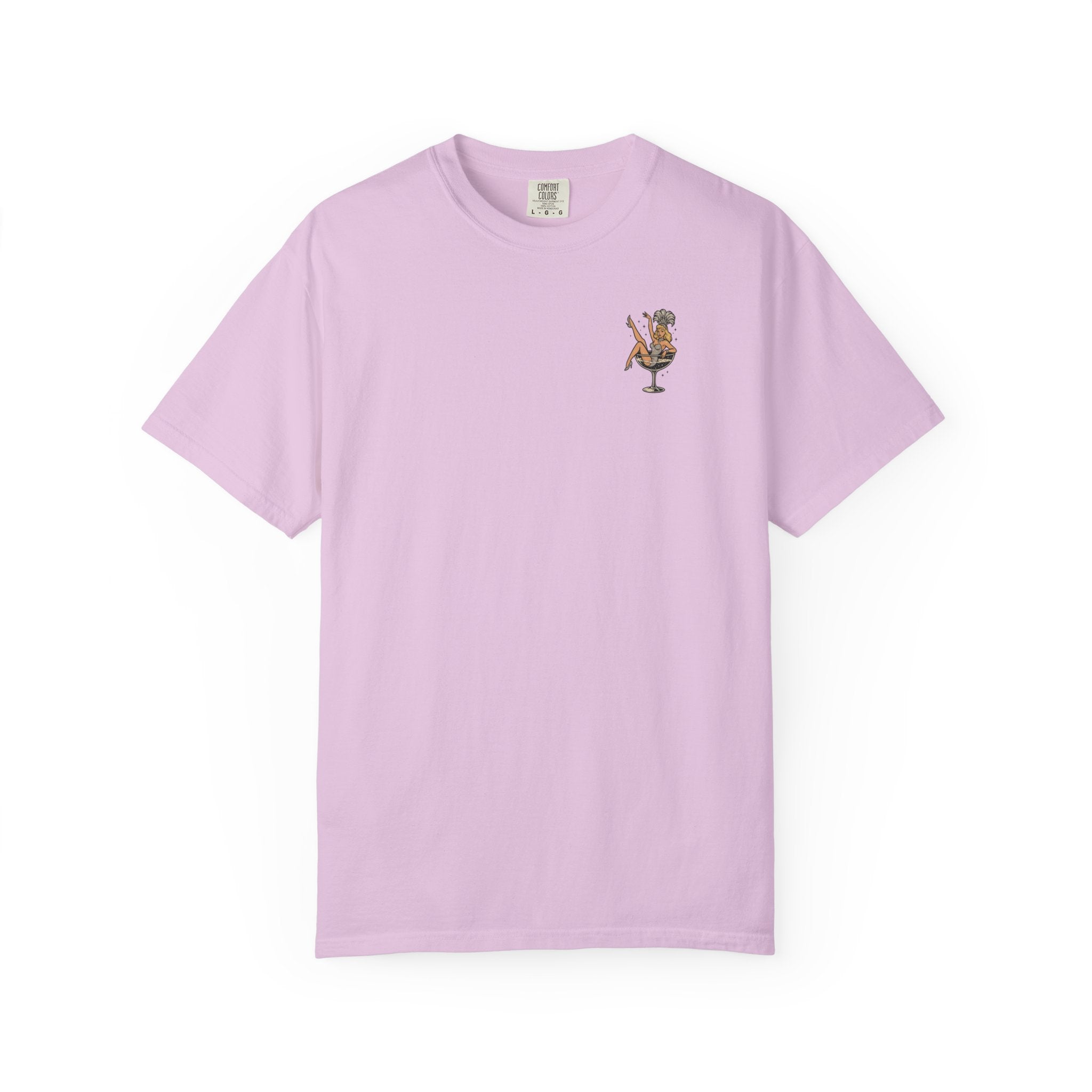 Light purple t-shirt with a small showgirl graphic on a white background