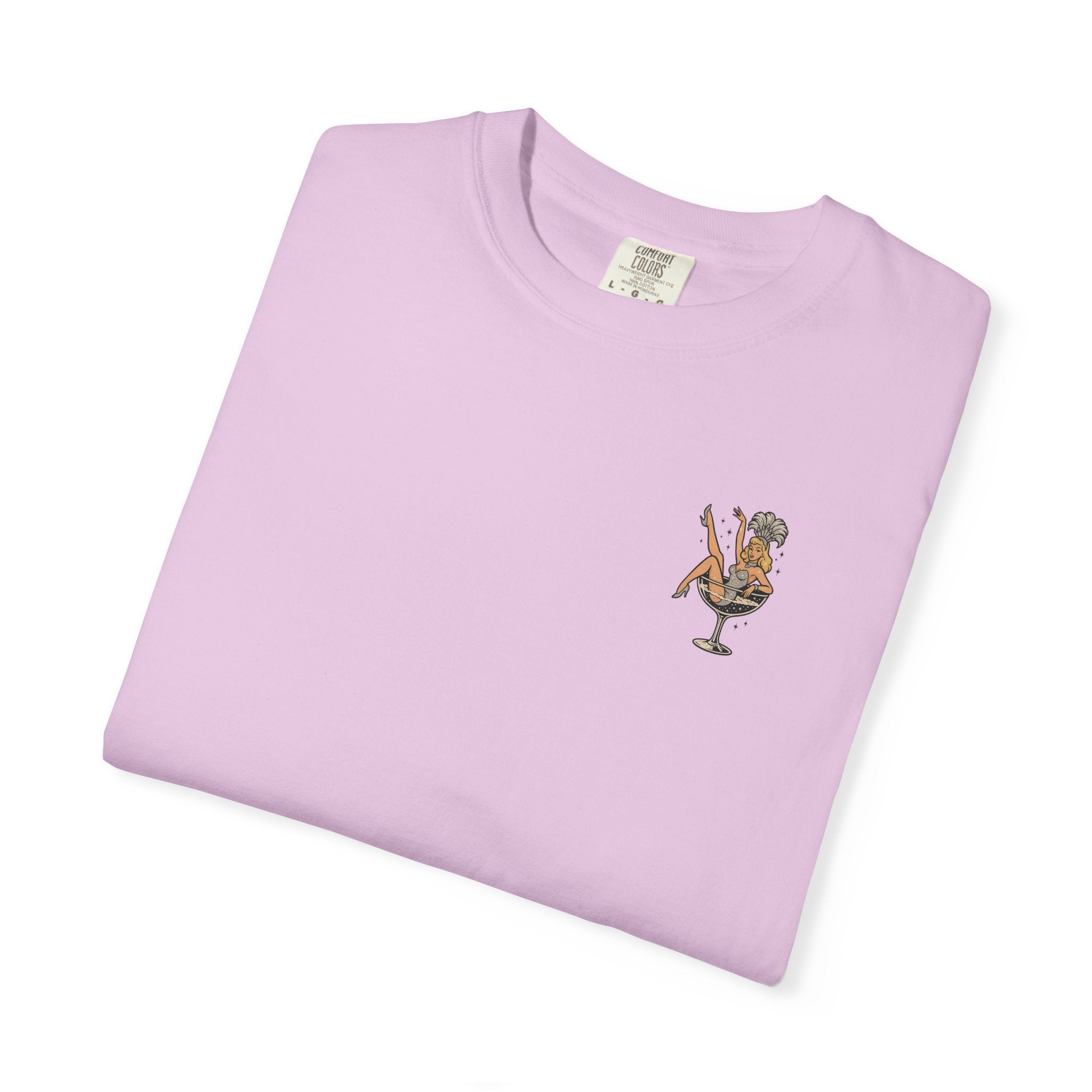 Folded light purple t-shirt with a graphic design on a white background