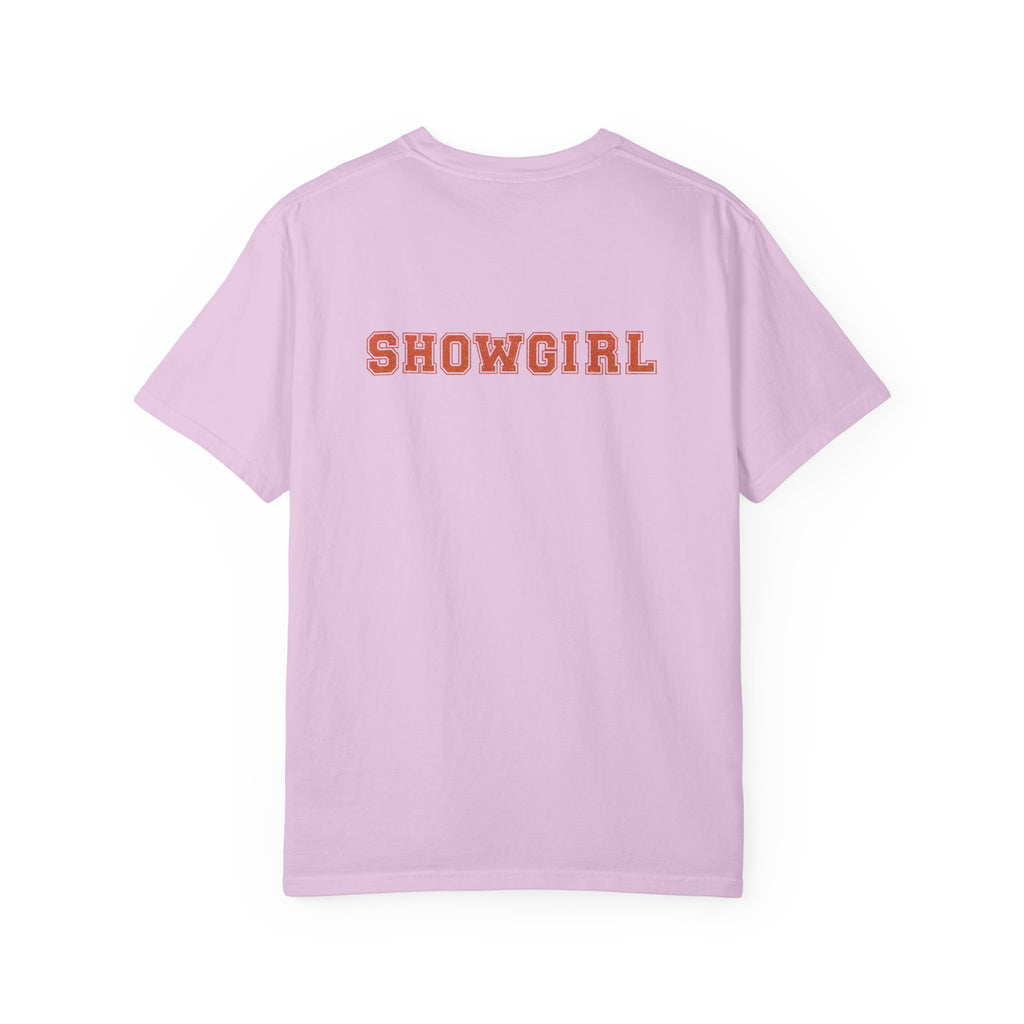 Pink t-shirt with 'SHOWGIRL' text on the back against a white background
