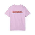 Pink t-shirt with 'SHOWGIRL' text on the back against a white background
