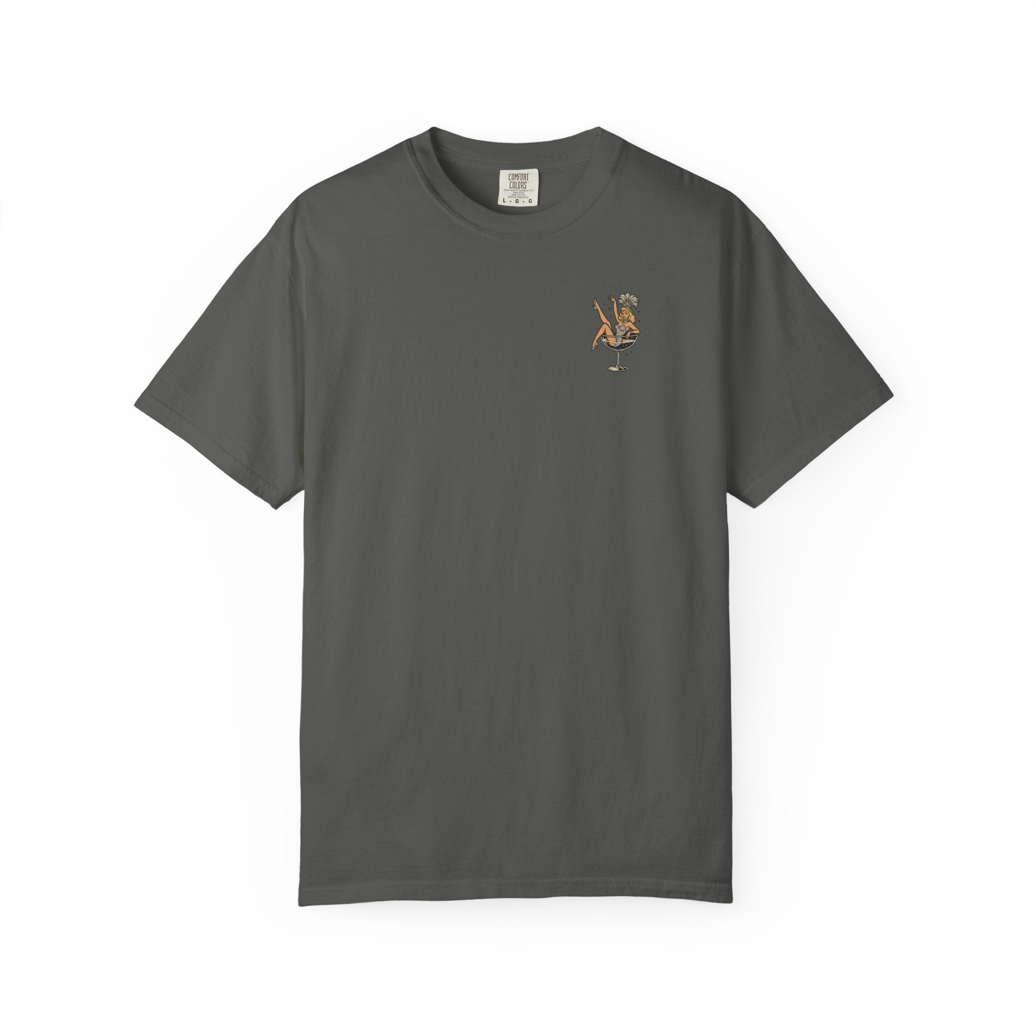 Gray t-shirt with a small showgirl graphic on the chest against a white background