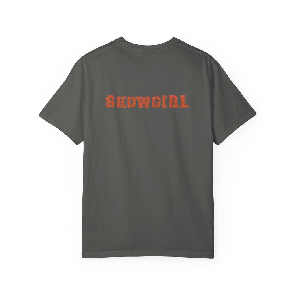 Gray t-shirt with 'SHOWGIRL' printed on the back in orange faux-glitter font against a white background