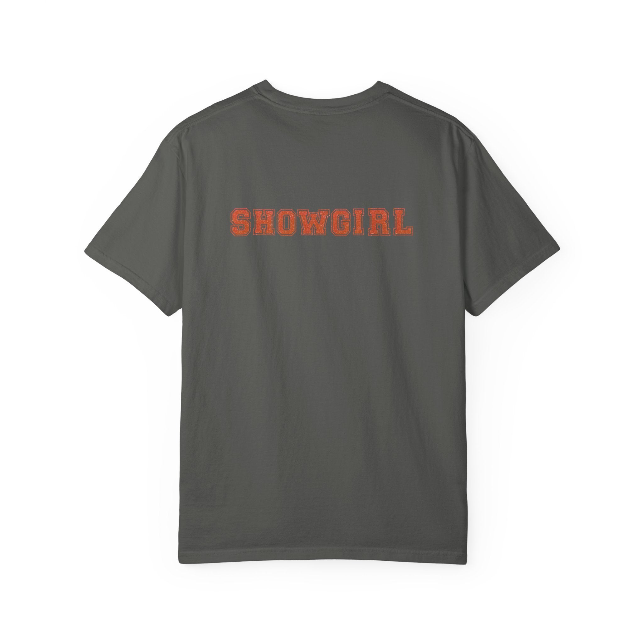 Gray t-shirt with 'SHOWGIRL' printed on the back in orange faux-glitter font against a white background