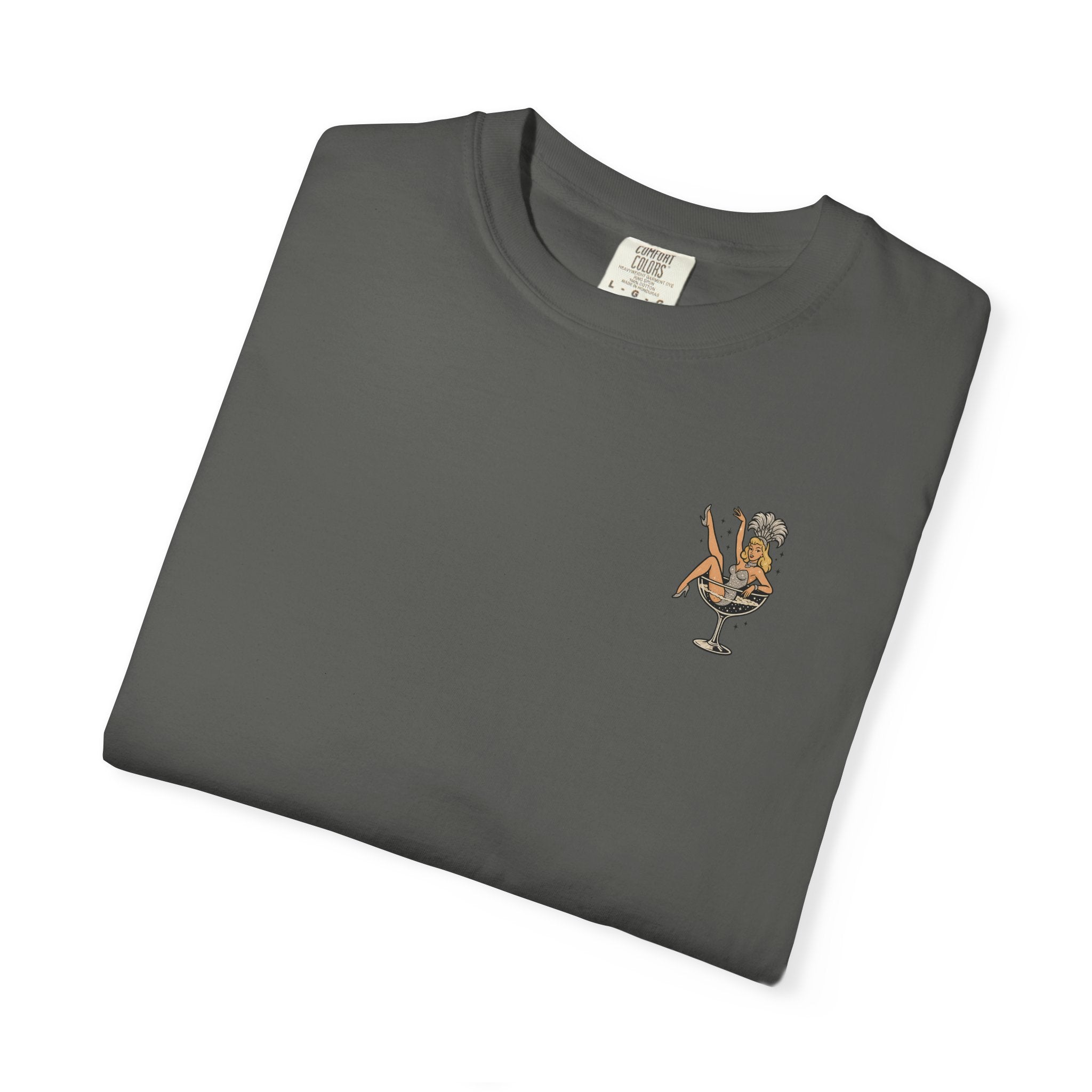 Folded gray t-shirt with a small showgirl graphic on a white background