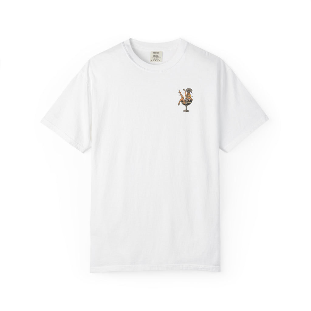 White t-shirt with a small showgirl graphic on a white background