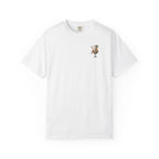 White t-shirt with a small showgirl graphic on a white background