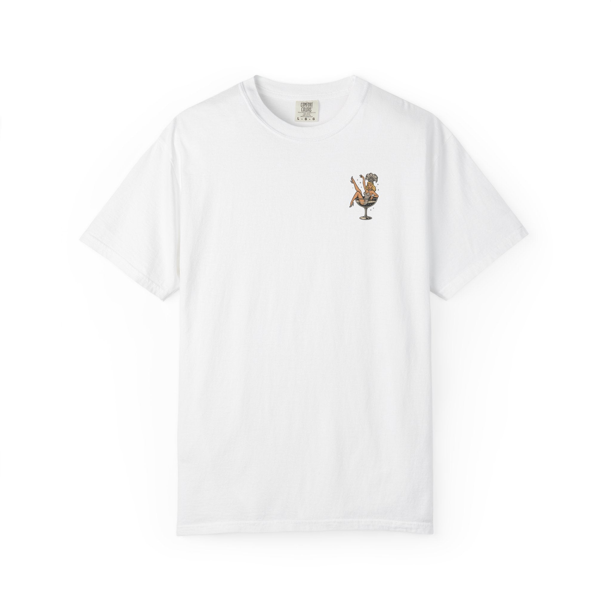 White t-shirt with a small showgirl graphic on a white background