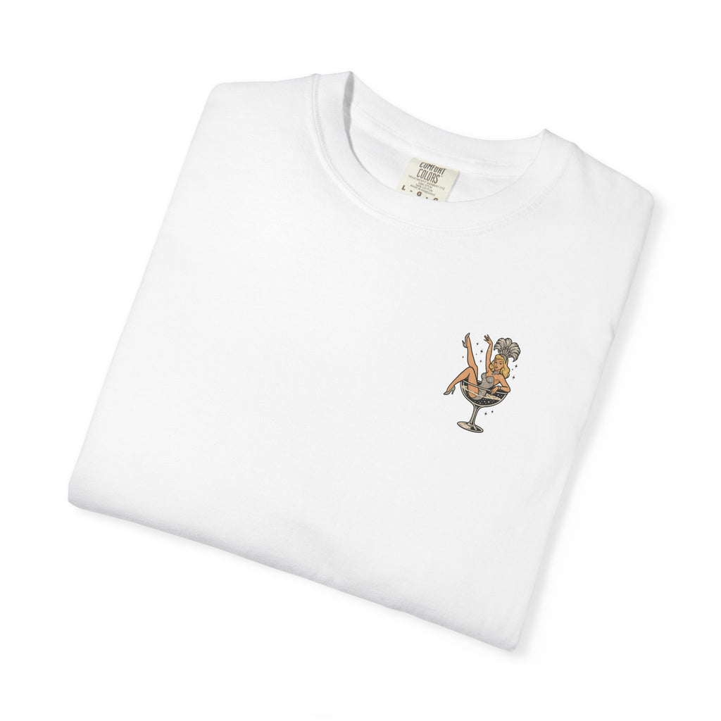 White t-shirt with a showgirl graphic design on a white background