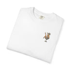 White t-shirt with a showgirl graphic design on a white background