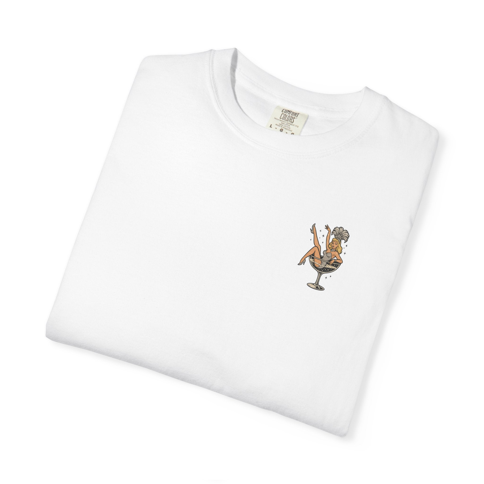 White t-shirt with a showgirl graphic design on a white background
