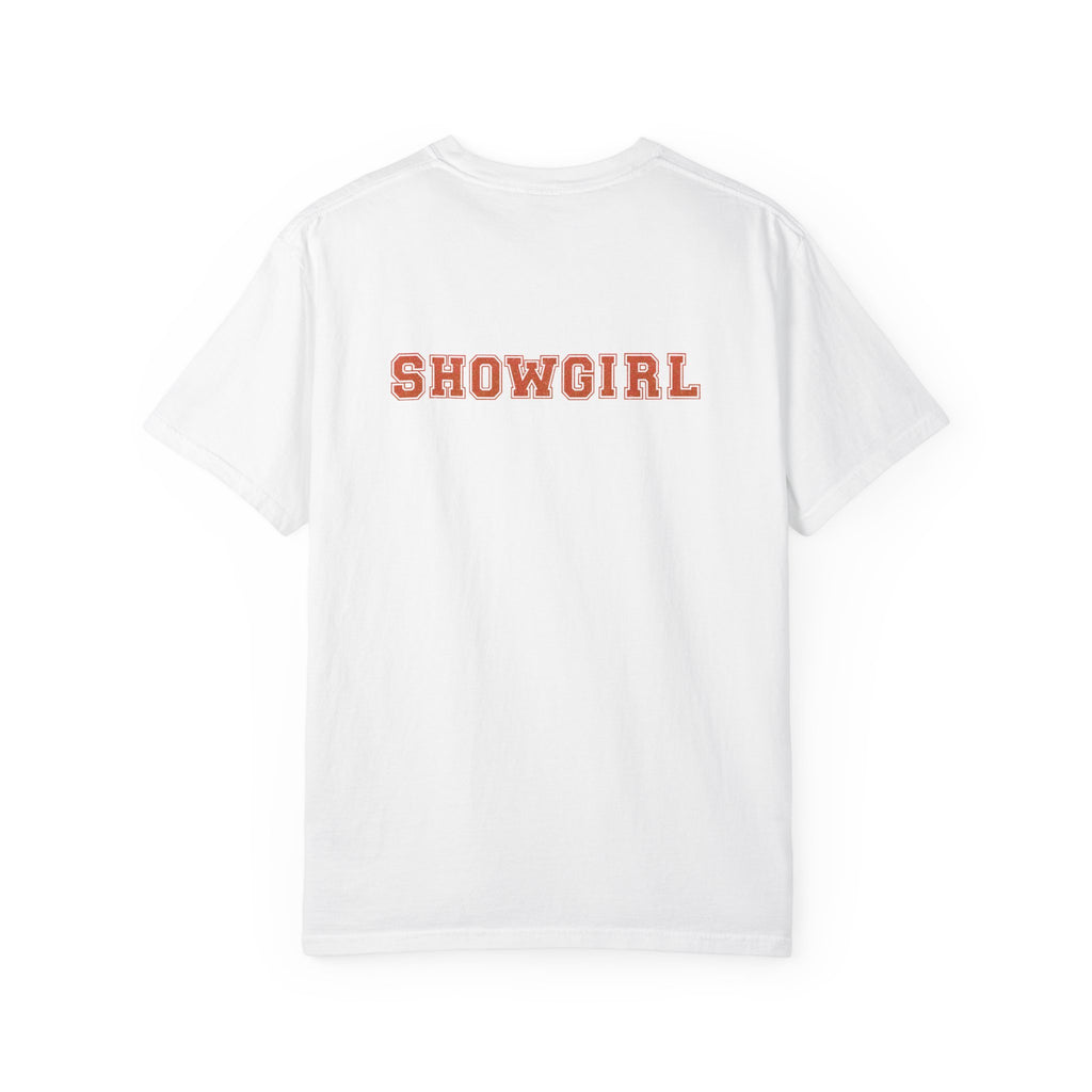 White t-shirt with 'SHOWGIRL' printed in orange on a white background