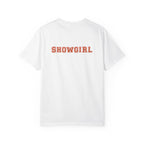 White t-shirt with 'SHOWGIRL' printed in orange on a white background