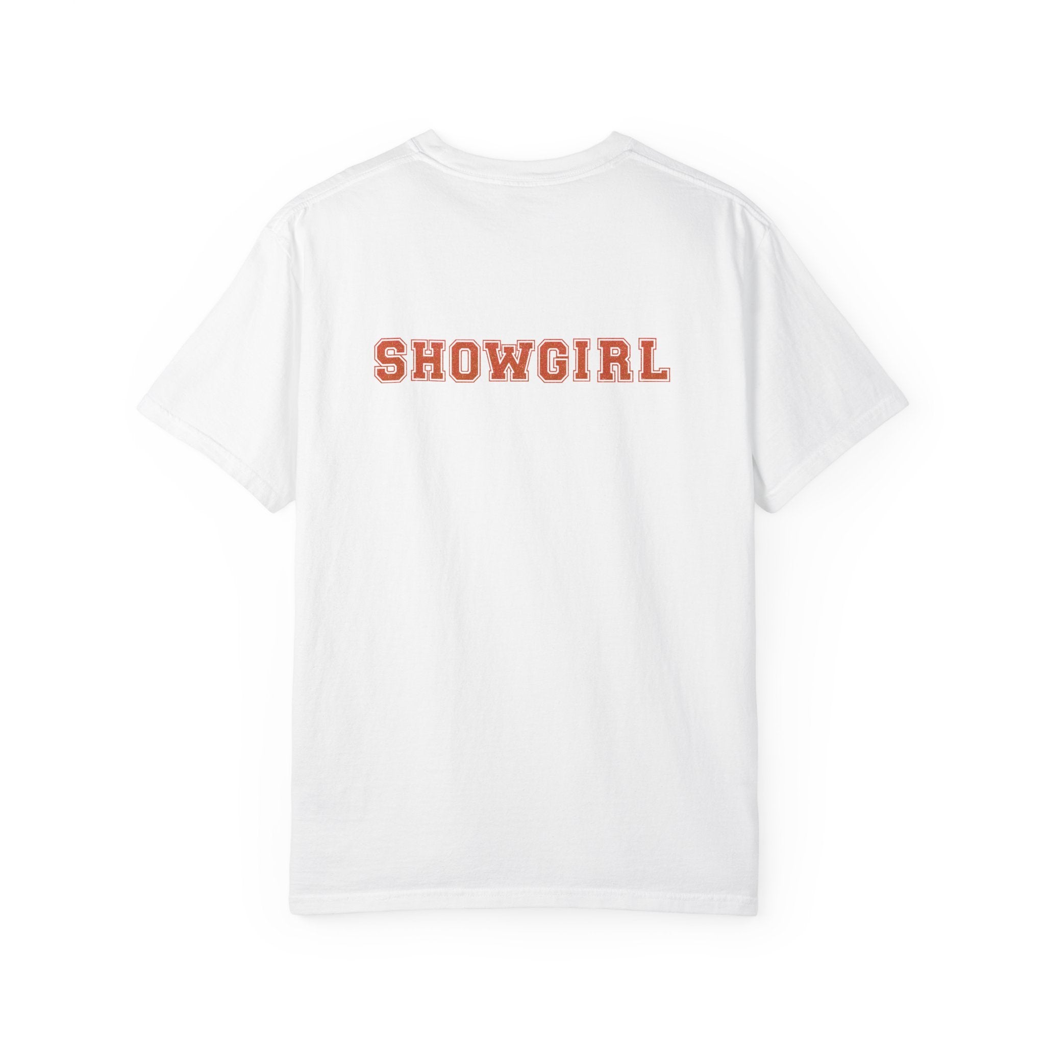 White t-shirt with 'SHOWGIRL' printed in orange on a white background
