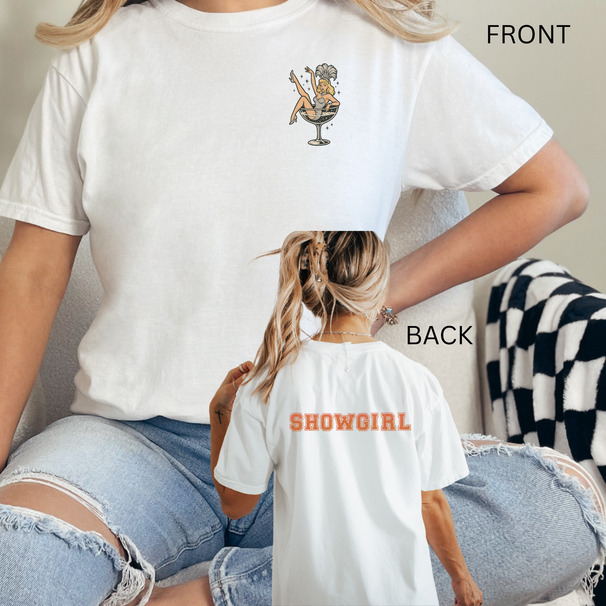 White Showgirl Era T-shirt featuring a vintage-inspired showgirl in a sparkling coupe glass on the front and bold varsity-style SHOWGIRL lettering on the back. Retro graphic tee designed by Pink Sky Sparkle.”
