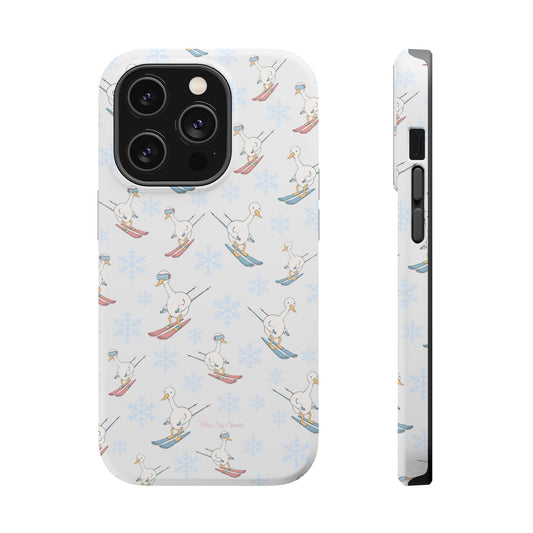 Silly Goose Magnetic iPhone Case. A whimsical iPhone case with a white background featuring illustrated geese skiing