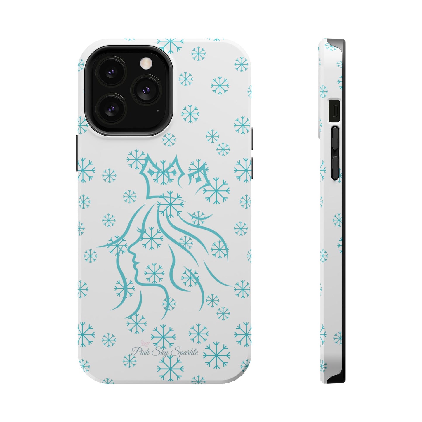 Snow Queen Magnetic iPhone Case - Snowflake pattern with silhouette of a queen on a protective, durable magnetic phone case. Compatible with iPhone models 13, 14, 15 and 16, ideal for winter style and secure everyday use.